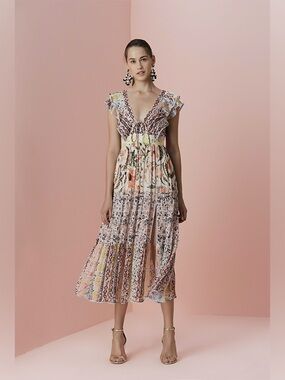 Hemant and Nandita Sakura Crinkle Chiffon Satin Midi Dress Size Mefum